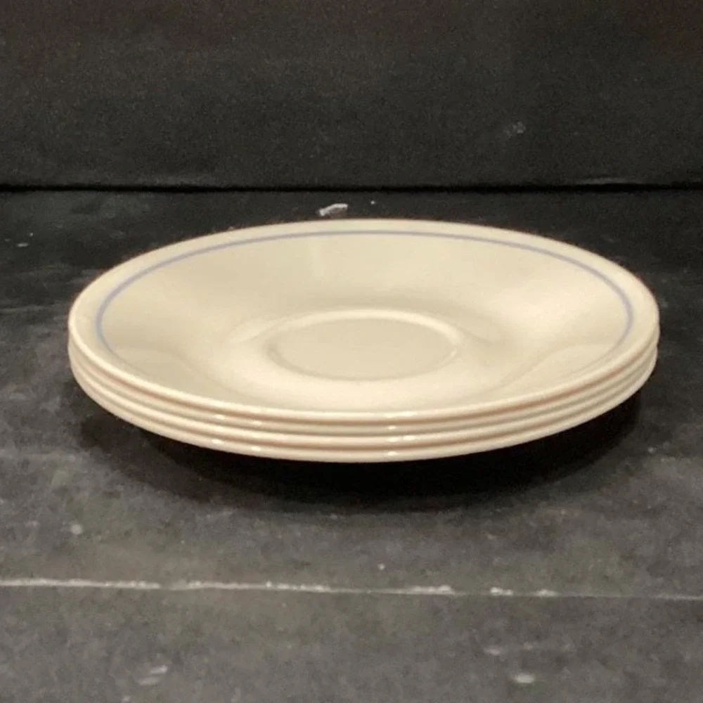 Corelle Corning Needlepoint Coffee Saucers, Set of 4, Vtg Blue Stripe Dinnerware